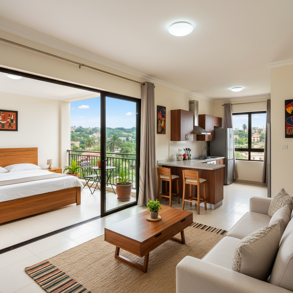 Modern studio apartment with open plan layout and city view balcony in Kampala