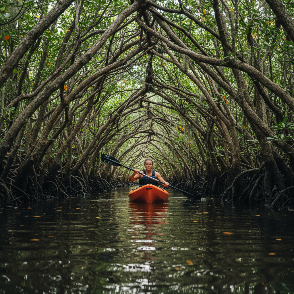 Kayaker paddling through lush mangrove tunnel