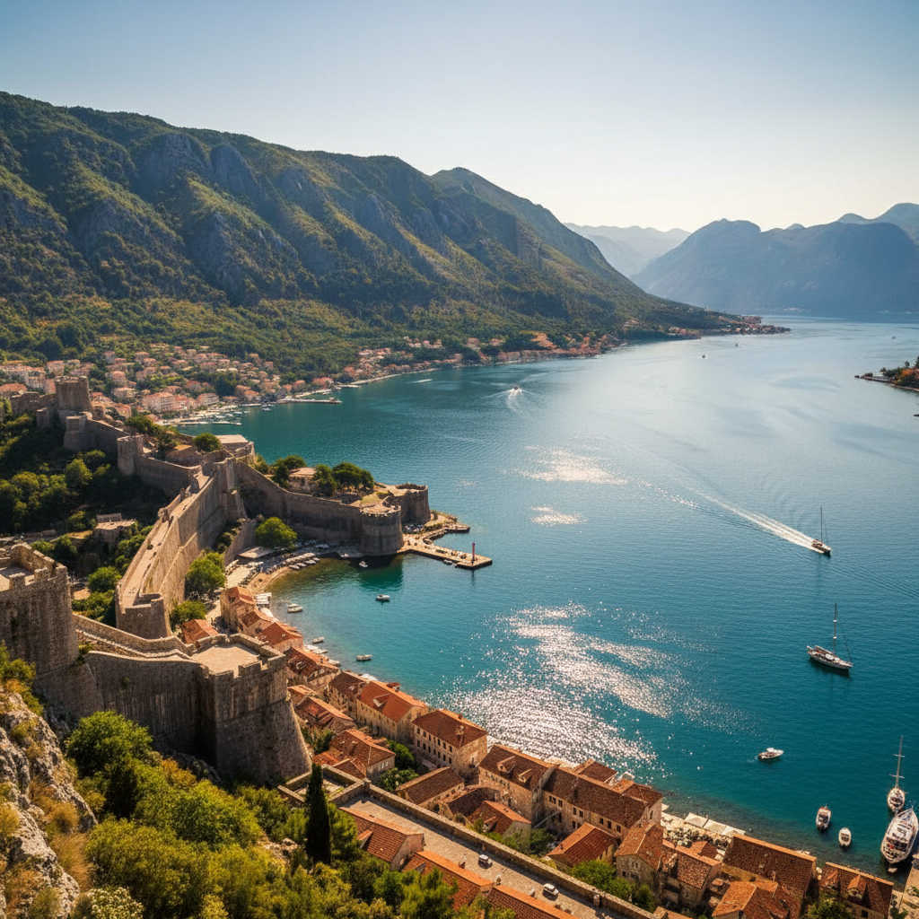 Kotor Bay Montenegro, medieval old town walls surrounded by dramatic mountains and turquoise Adriatic waters, stunning coastal landscape