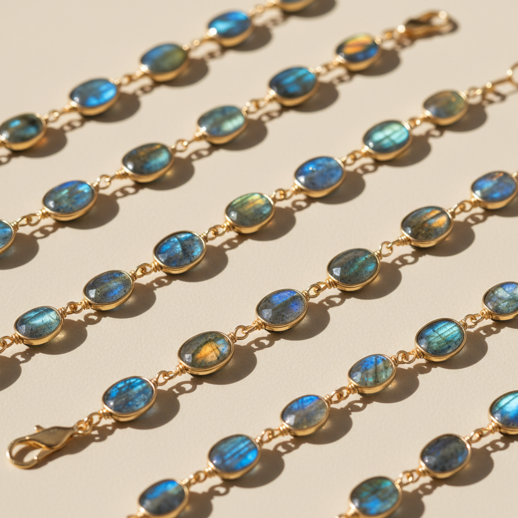 Completed labradorite and gold-fill bracelets made from the Studio Collection Box