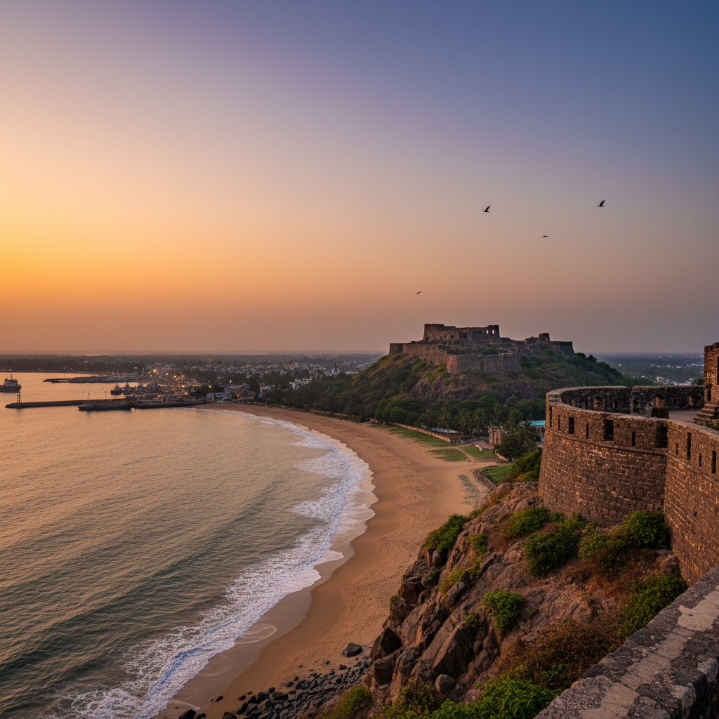 Ratnadurg fort ruins on a hilltop overlooking Bhatye beach and Ratnagiri port at dusk