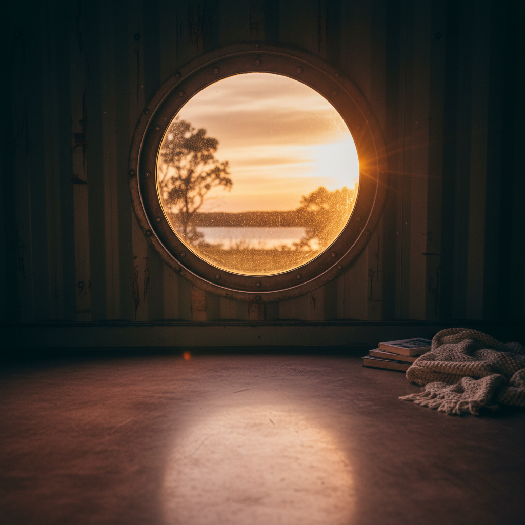 Container porthole window with warm amber sunset light illuminating polished concrete floor