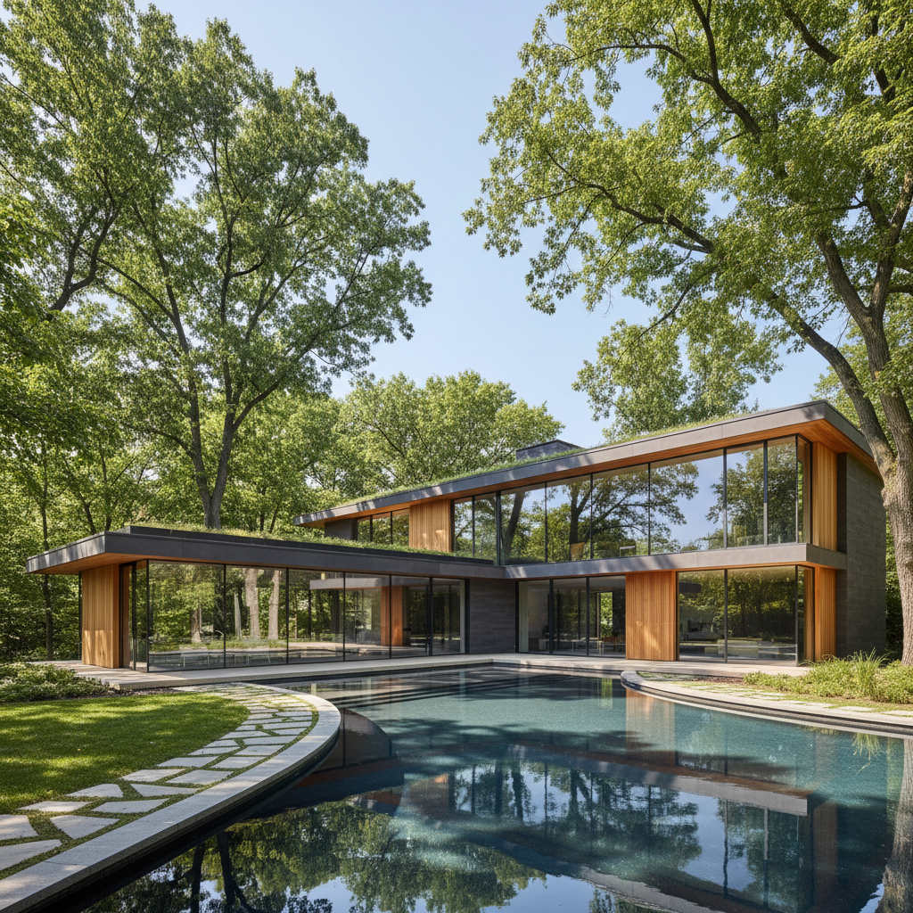 Modern custom home with large windows surrounded by mature trees in summer