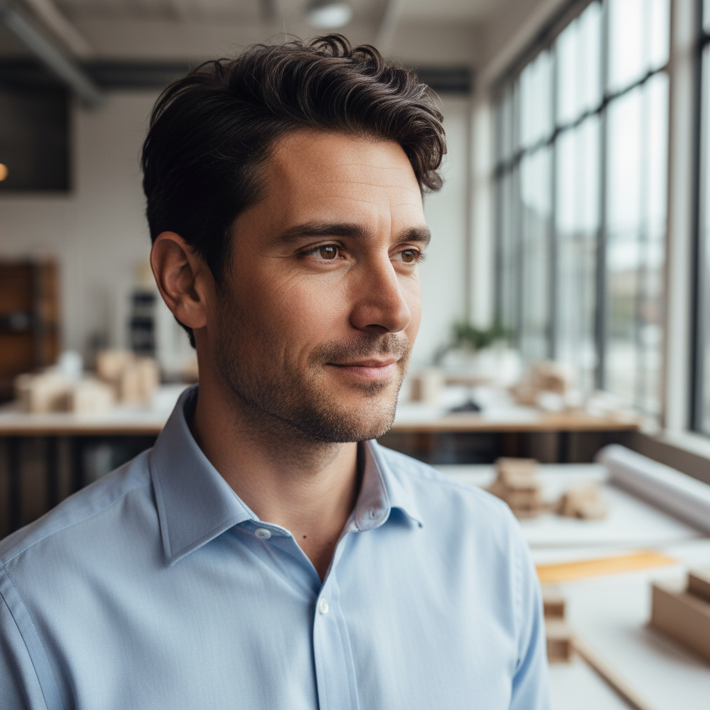 Architect portrait in studio environment, warm neutral tones, professional focused expression, architectural drawings visible in background