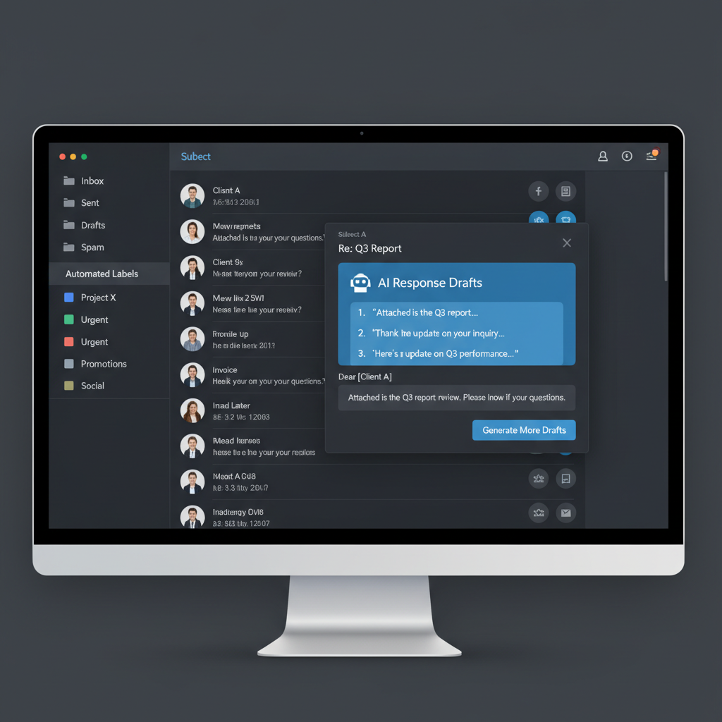 Email client interface showing inbox with automated labels, response drafts and AI classification tags
