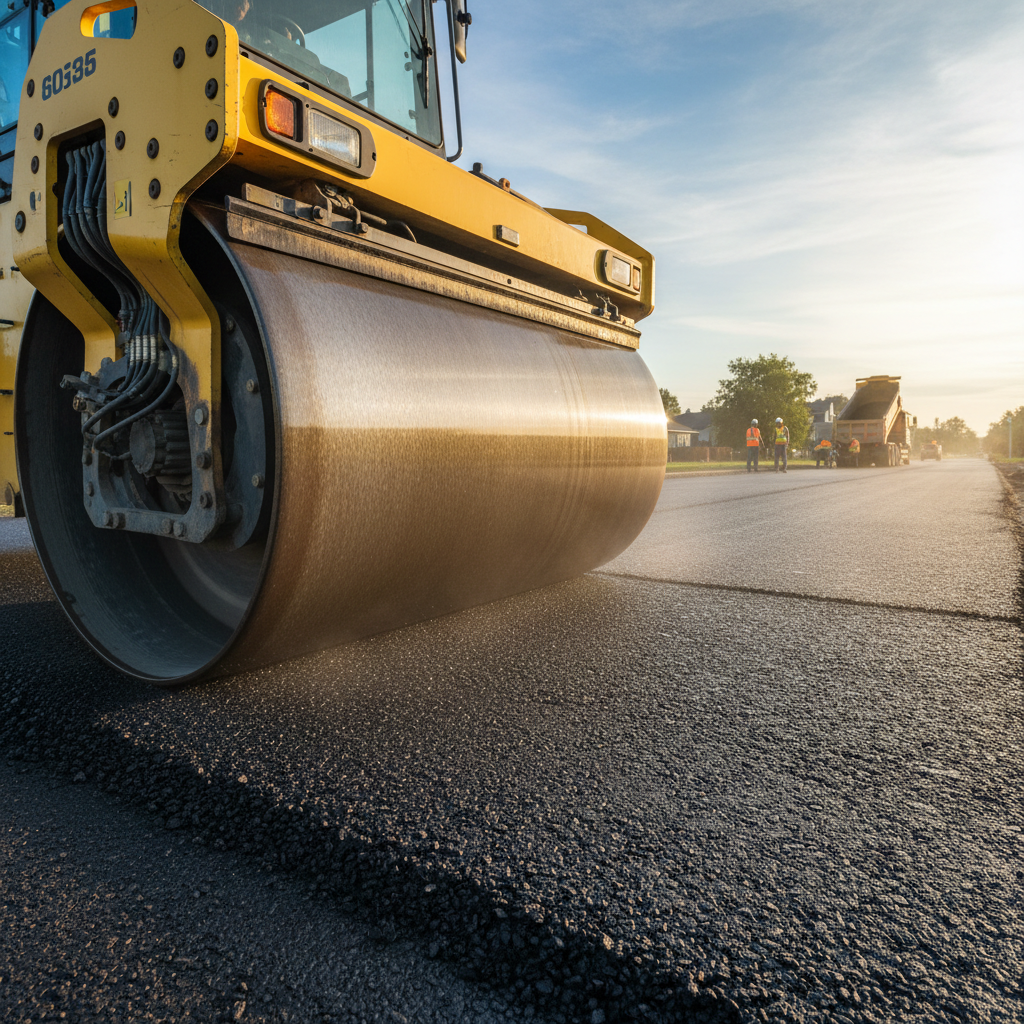 Steel drum roller compacting fresh asphalt surface