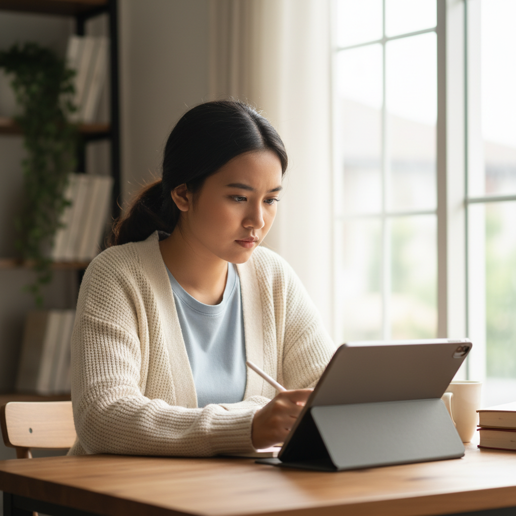 Woman taking online notes on tablet with coffee cup on wooden table