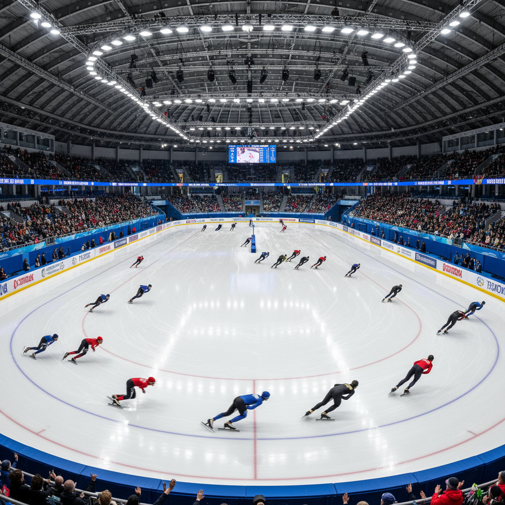 Large indoor speed skating arena with packed spectator stands and bright ice surface at Thialf in Heerenveen