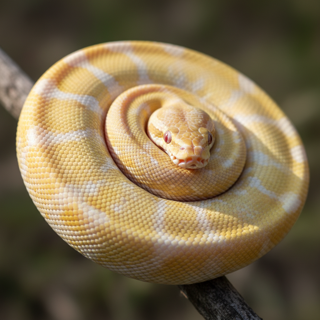 Bright yellow and white albino pastel ball python with pink eyes coiled loosely