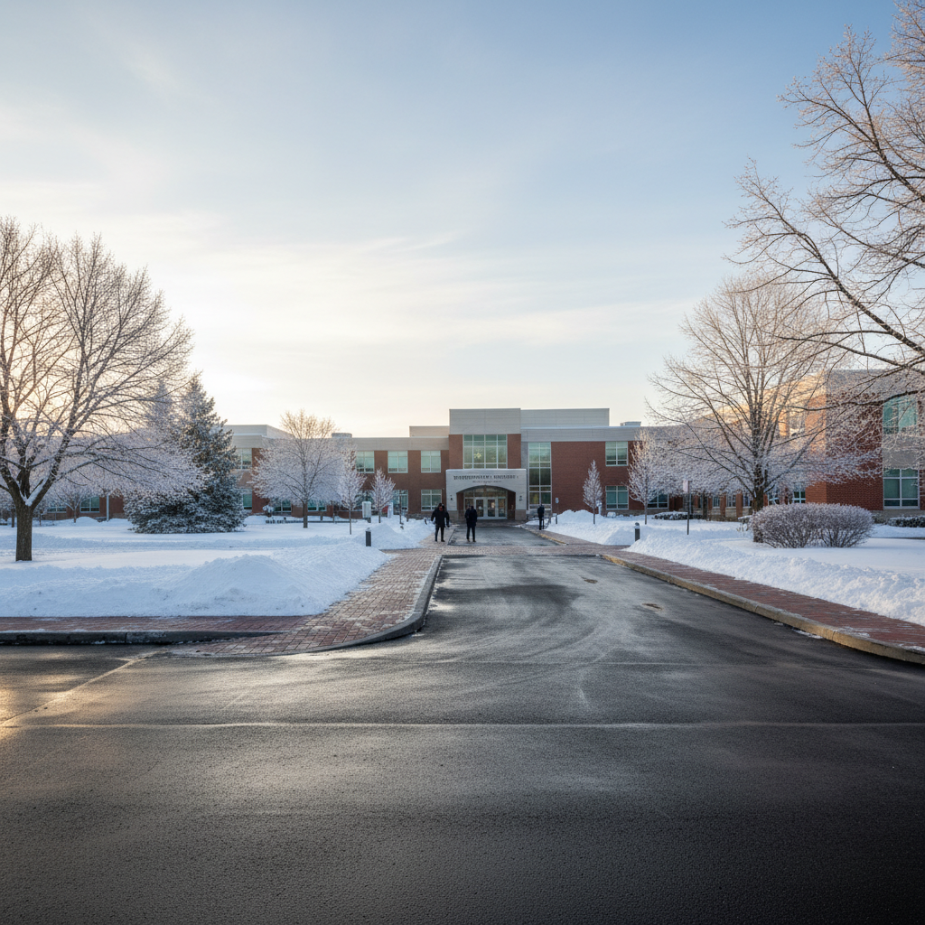 School entrance with cleared drop-off zone and safe dry pathways in winter morning light
