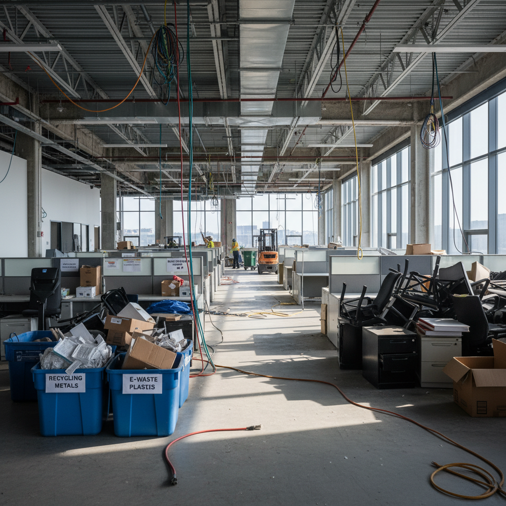 Empty office being cleared out with workers removing furniture and equipment