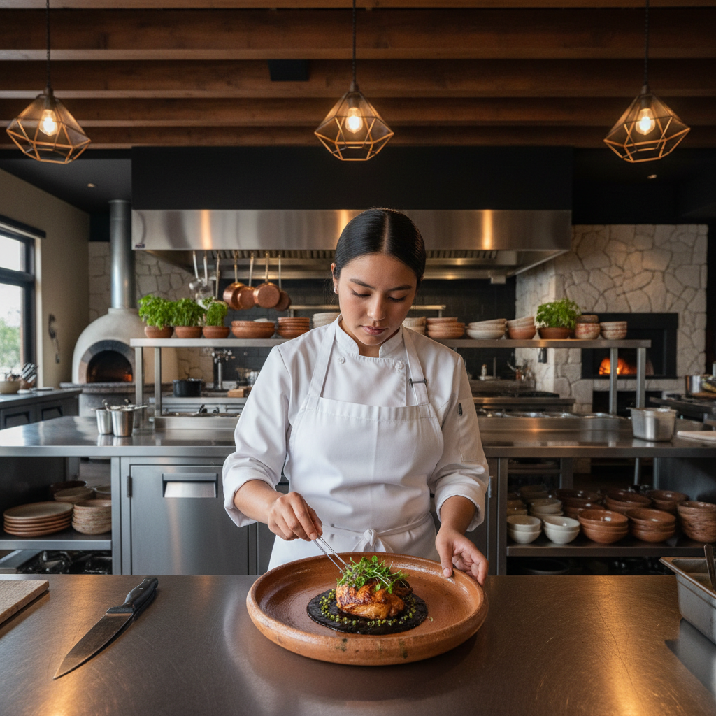 MelaRose chef carefully plating a dish in a bright, airy restaurant kitchen