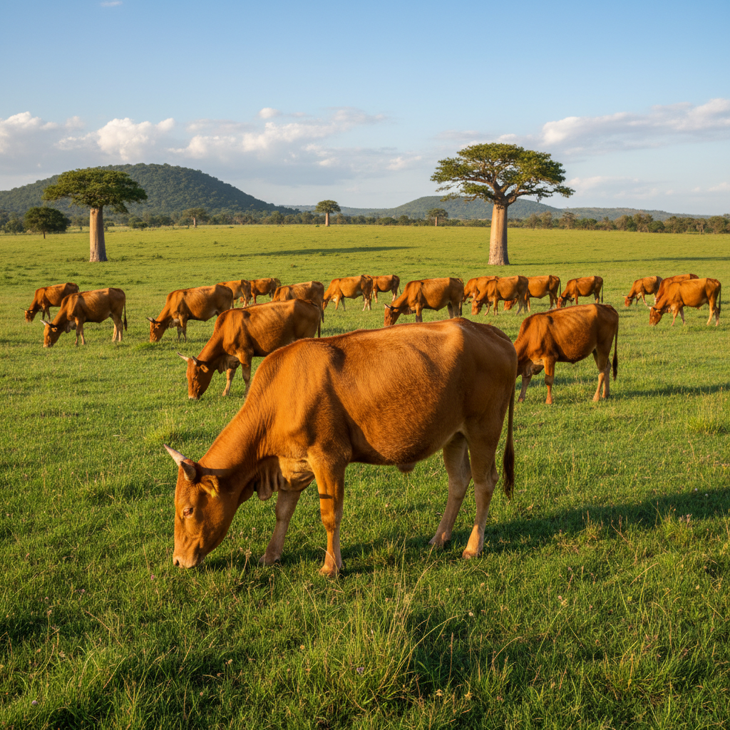 Large healthy brown Fulani cattle standing in open Nigerian savanna, golden sunlight, blue sky