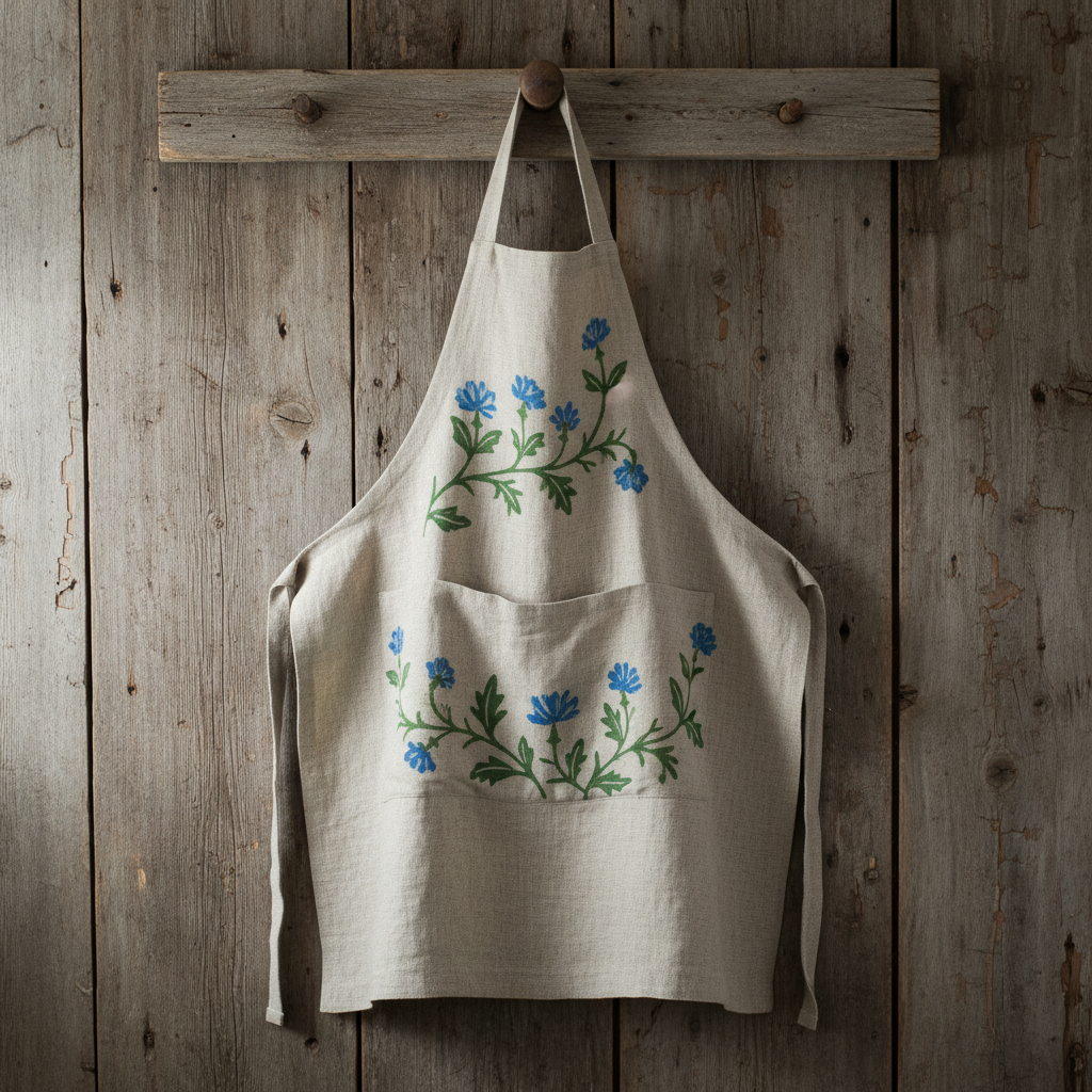 Hand-screened linen apron hanging on wooden peg