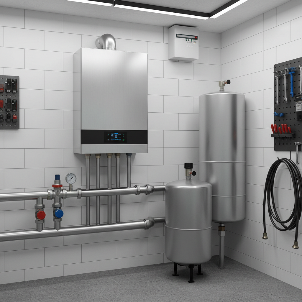 Modern central heating boiler and radiator in a bright utility room