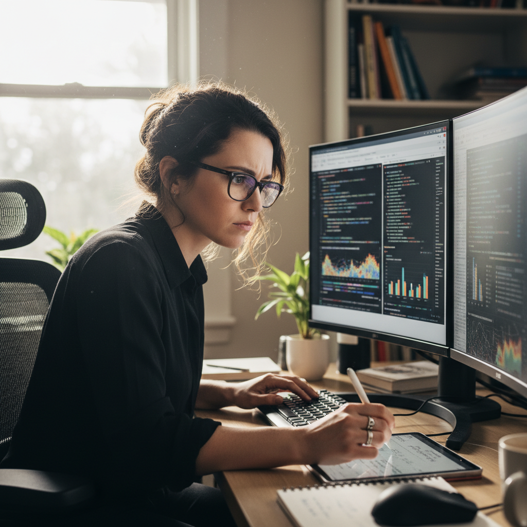 Priya Anand, data reporter at The New York Times, at her desk with multiple monitors