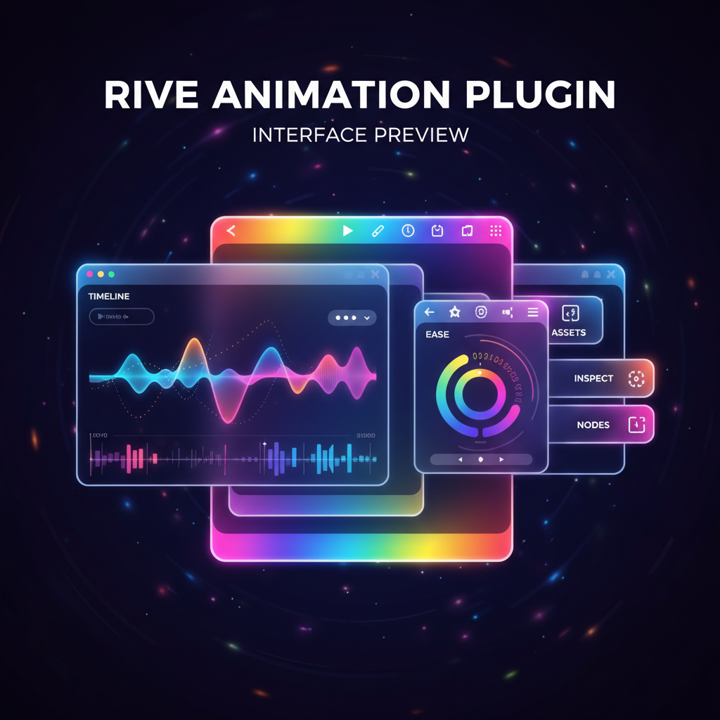 Rive animation plugin colorful interface preview on dark background