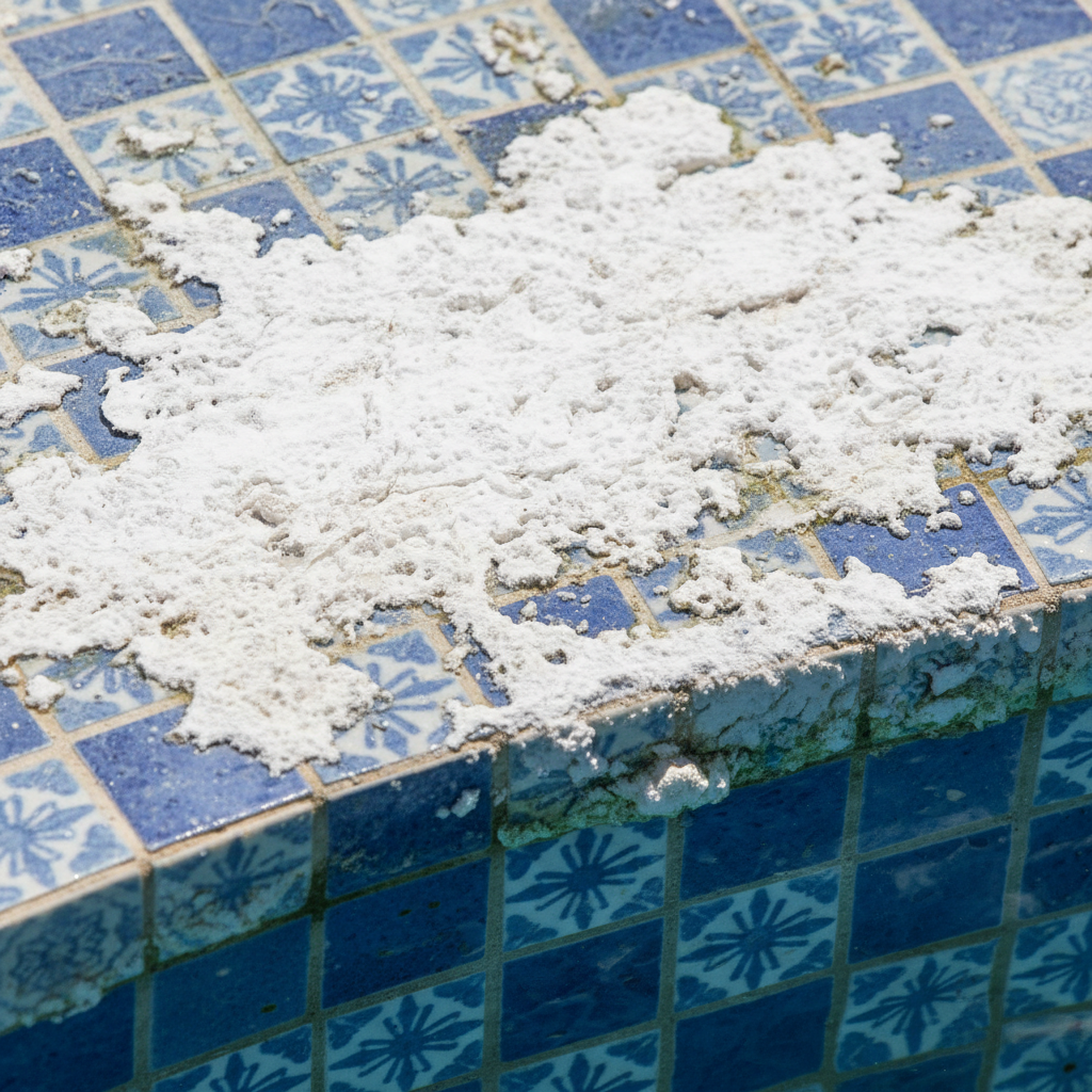 Cracked and stained pool waterline tiles before replacement