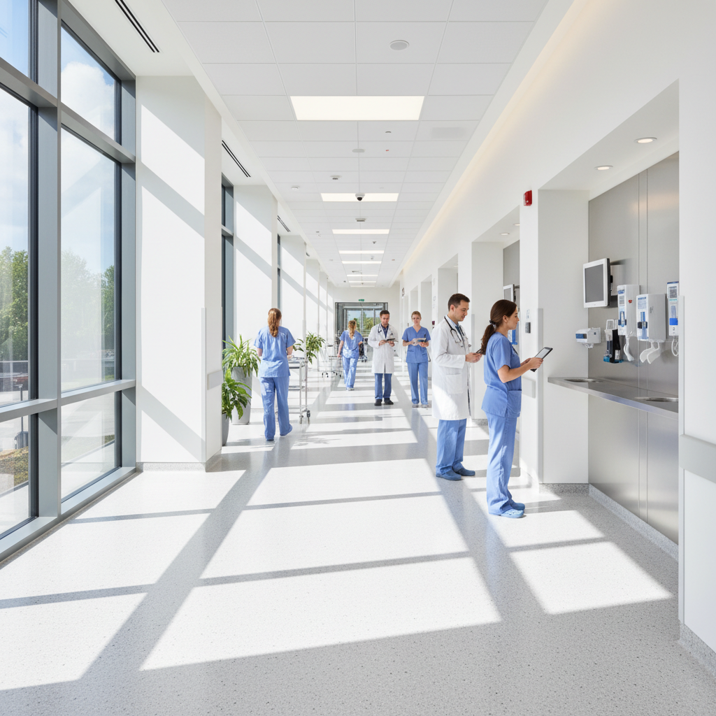 Modern hospital corridor at night, blue ambient lighting