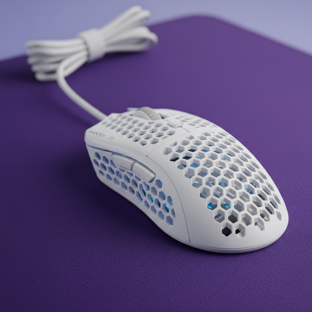 Phantom Lite honeycomb gaming mouse in white on purple deskmat with coiled cable