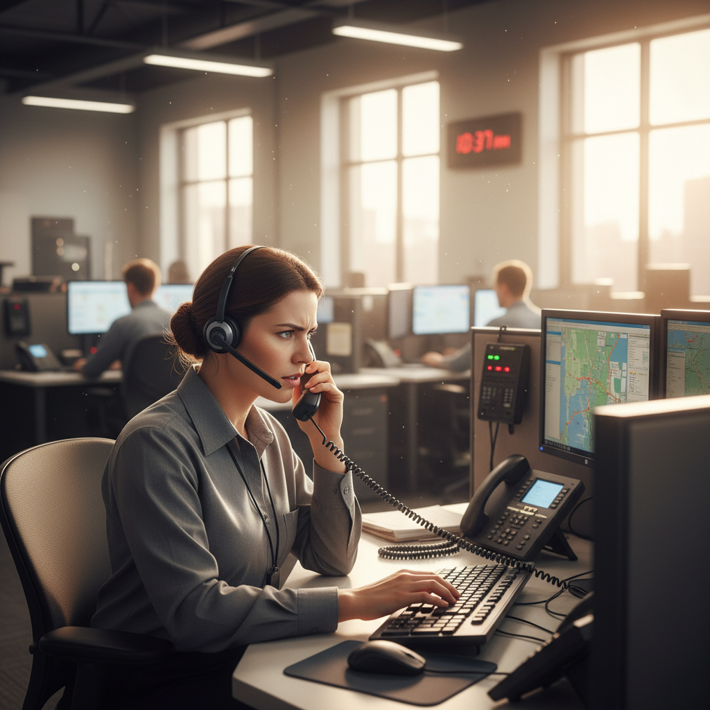 Despachadora de Portón coordinando asignación de técnicos por teléfono en oficina central CDMX