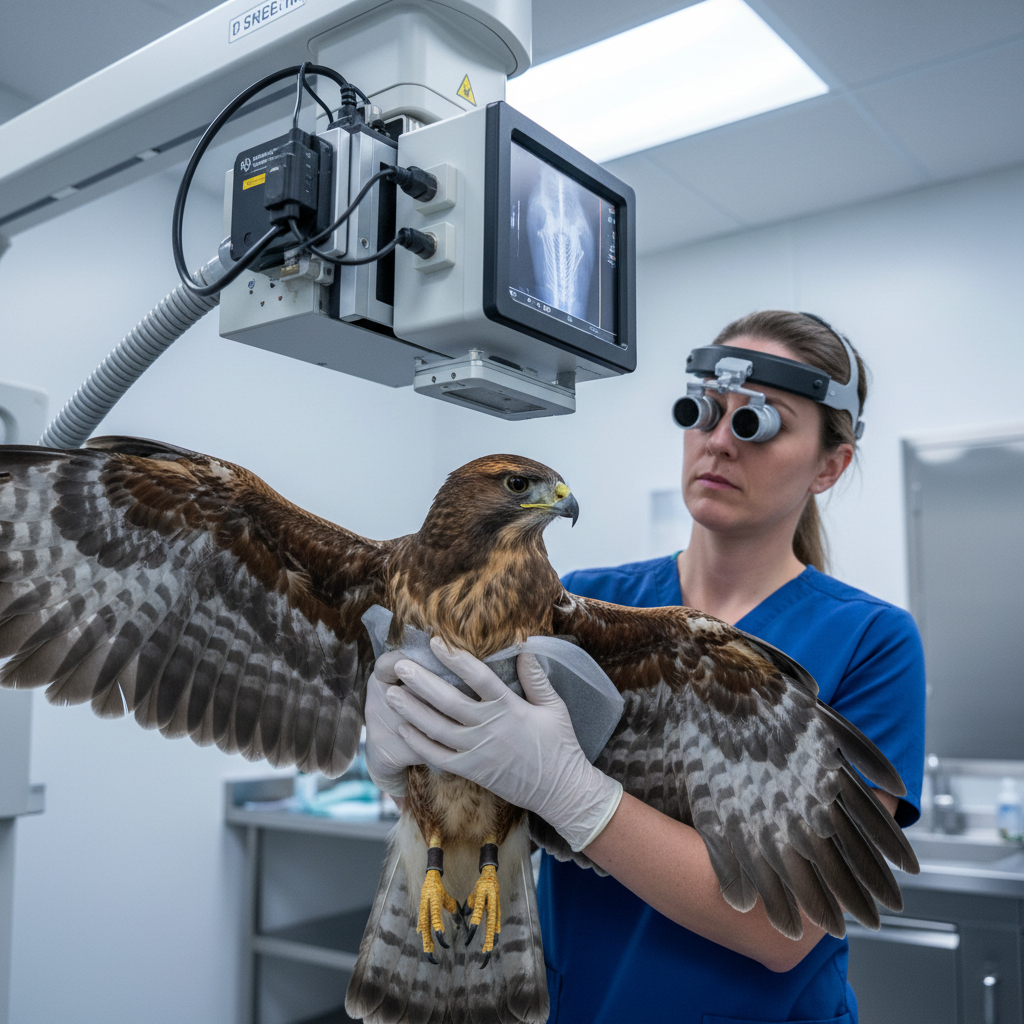 Wildlife radiograph machine being used to assess bone injuries in a bird of prey