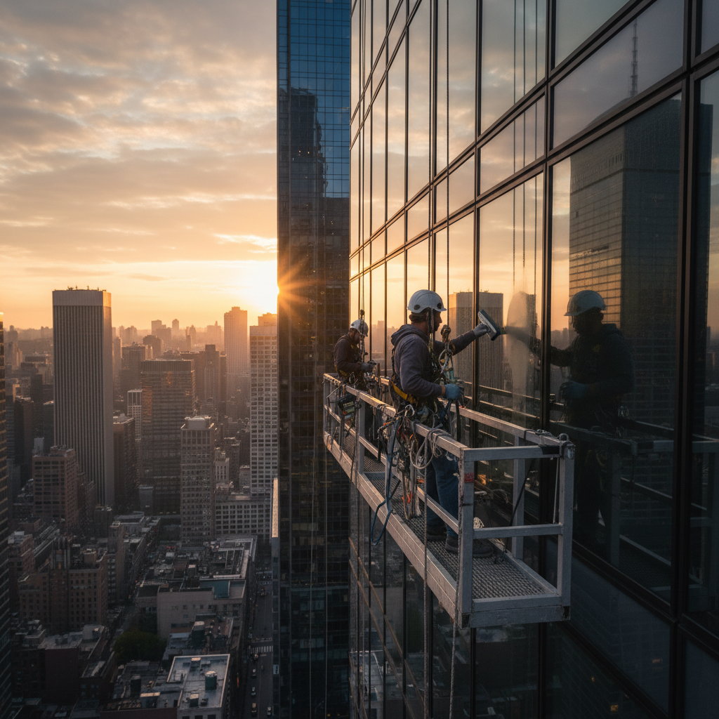 Window cleaning crew in safety harnesses on scaffolding on a Manhattan high-rise building facade at dawn