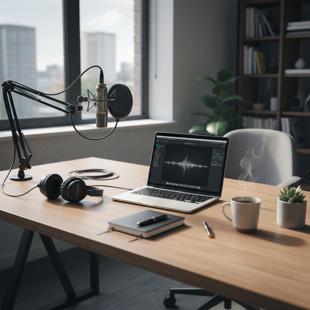 Office desk with laptop for How I Built This business podcast episode