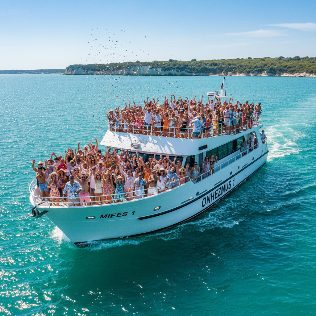 Lively boat party on Onhezmus 1 with guests dancing and celebrating under summer sky