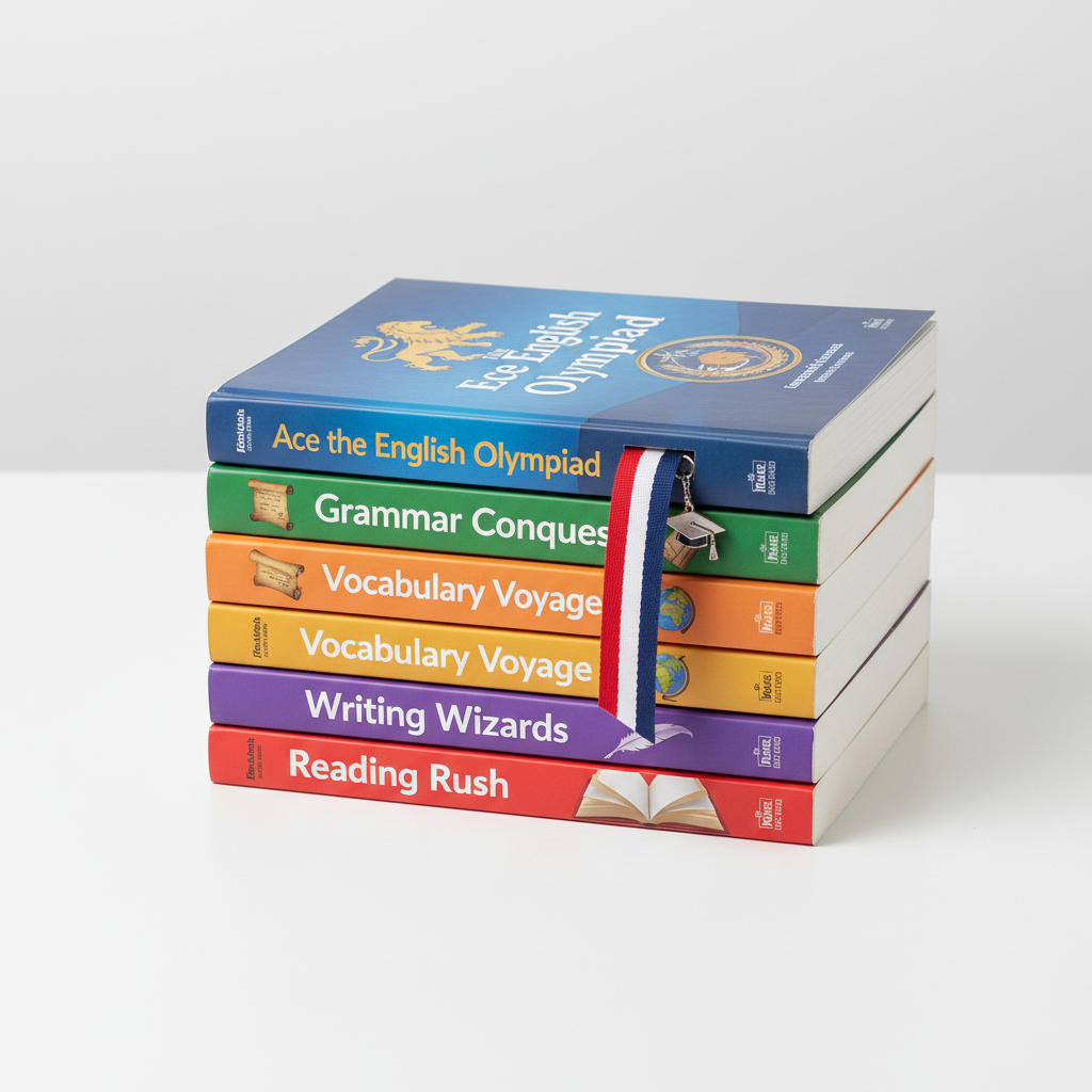 Stack of competitive exam preparation books in bright library setting