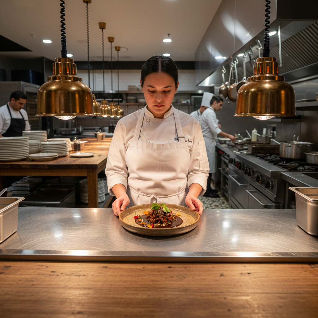 Modern Mesa restaurant kitchen — granddaughter in chef whites at the same station, mole negro plated on speckled stoneware under warm pendant lighting