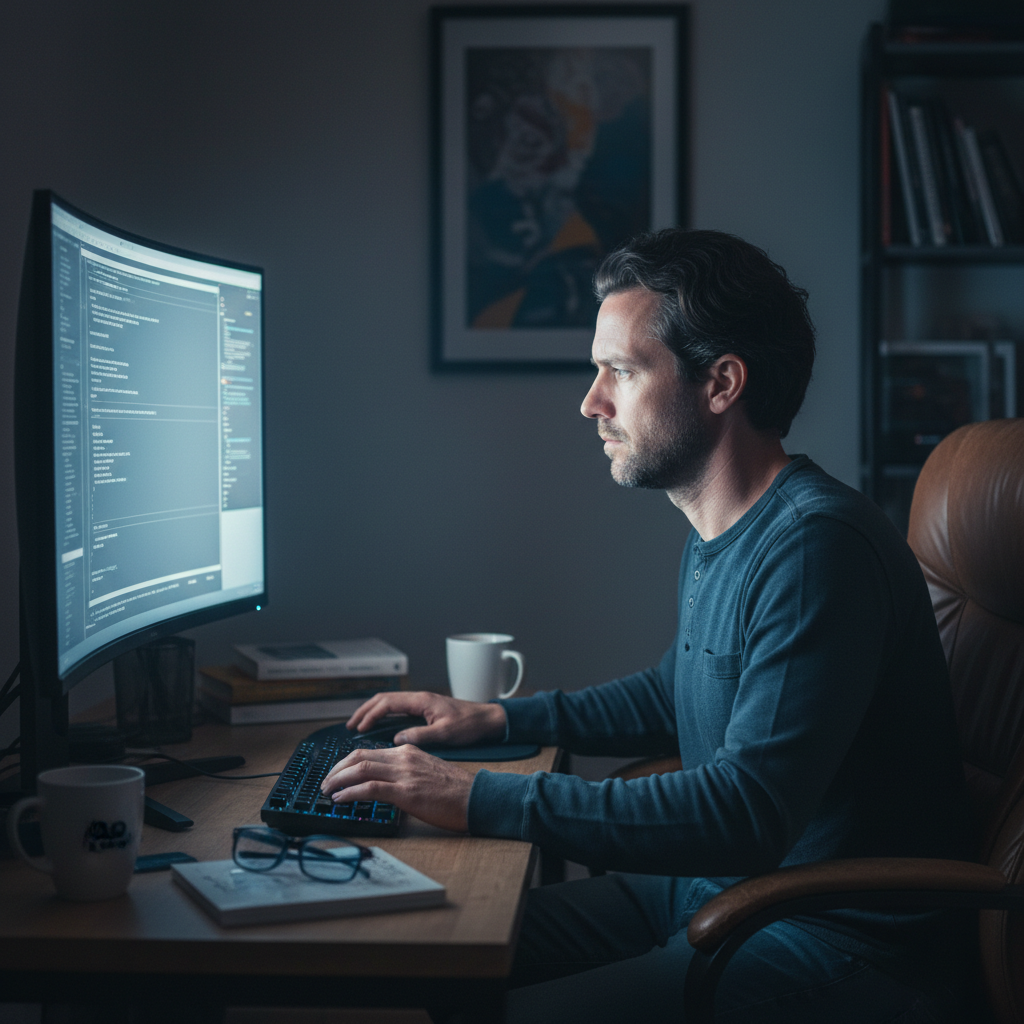 Man at computer workstation, side-lit by screen glow