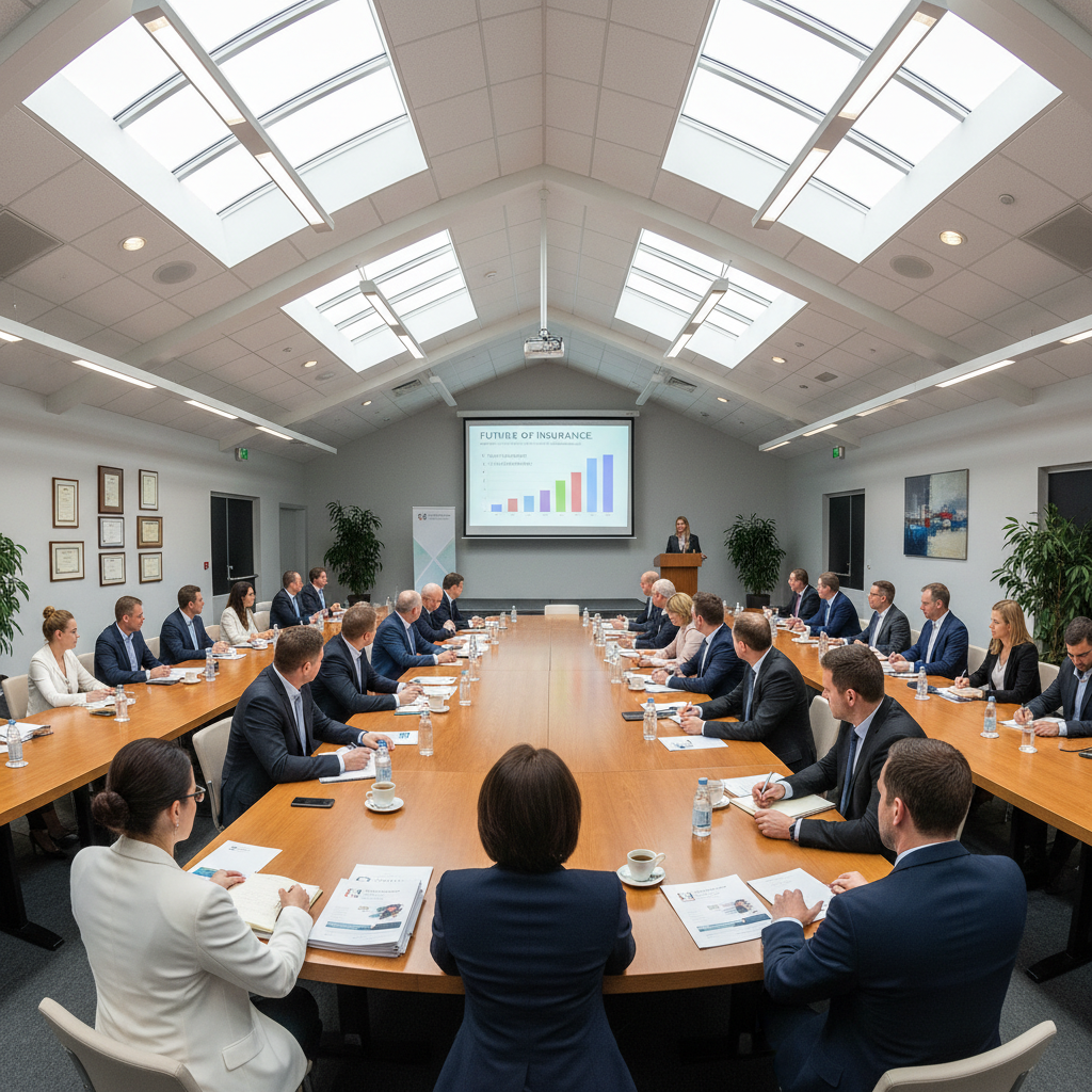 Business conference room setup with rows of chairs and presentation screen at corporate event