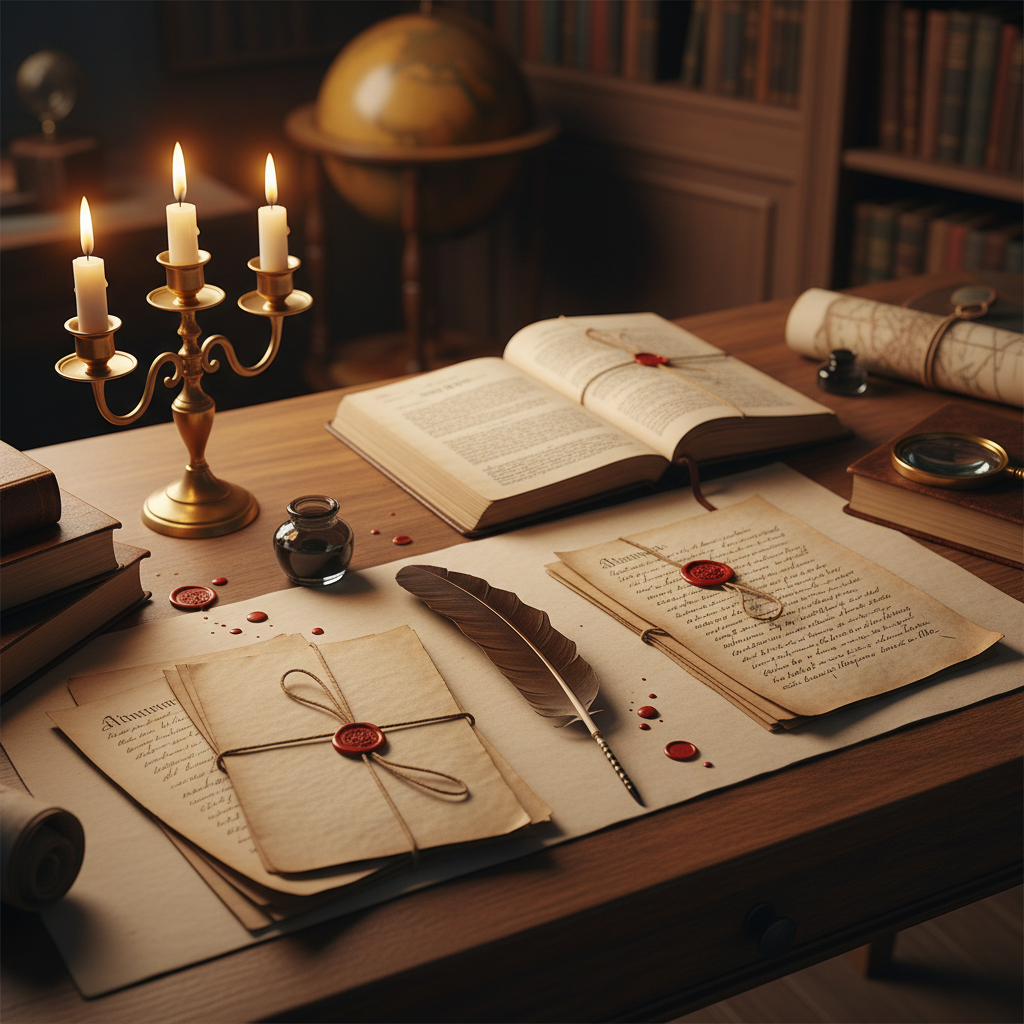 Organized file folders and documents in dark moody office, warm amber accent light