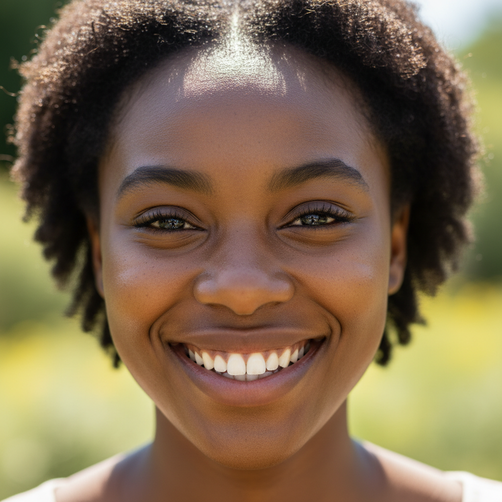 Young Black woman with glowing skin smiling confidently in natural light