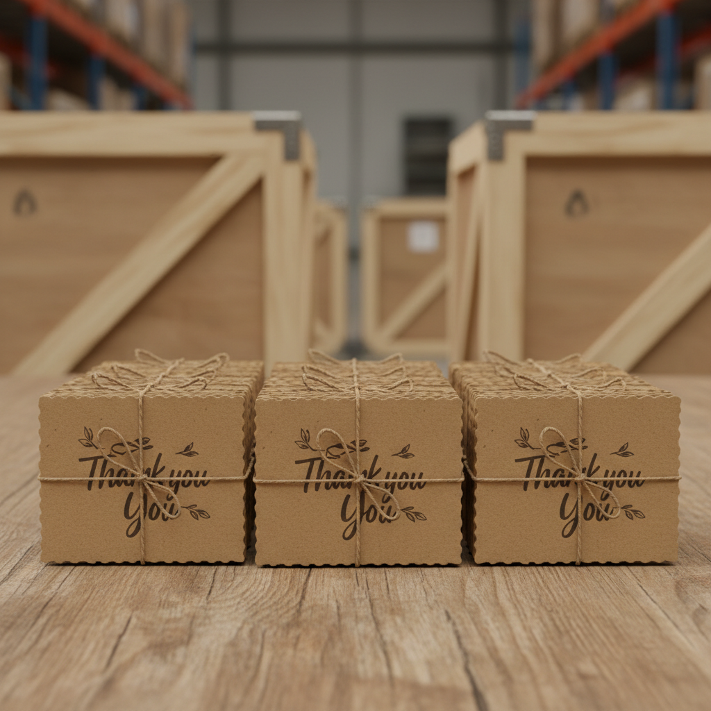 Kraft paper thank you cards bundled in packs of six on warehouse table