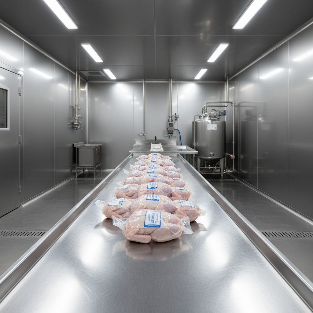 Berbagai produk ayam segar berkualitas tinggi tersusun rapi di atas permukaan stainless steel bersih, pencahayaan profesional industri makanan