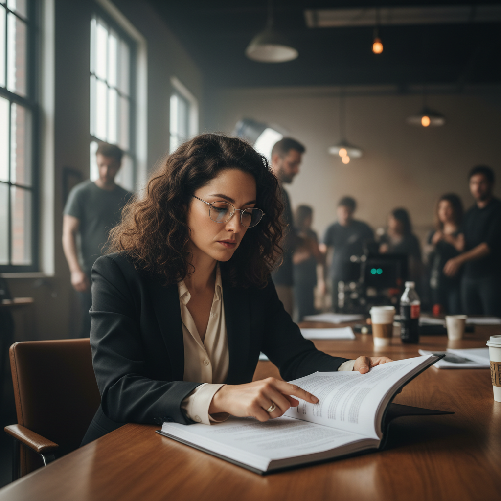 Female showrunner on set reviewing script with crew members in background