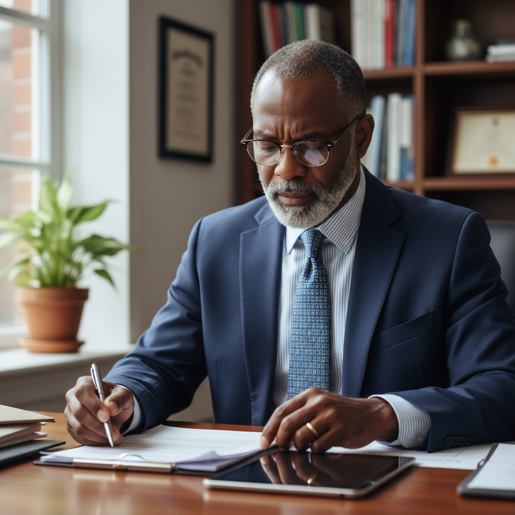 Dr. Richard Osei-Bonsu, a senior Black male physician in business attire reviewing documents at a desk