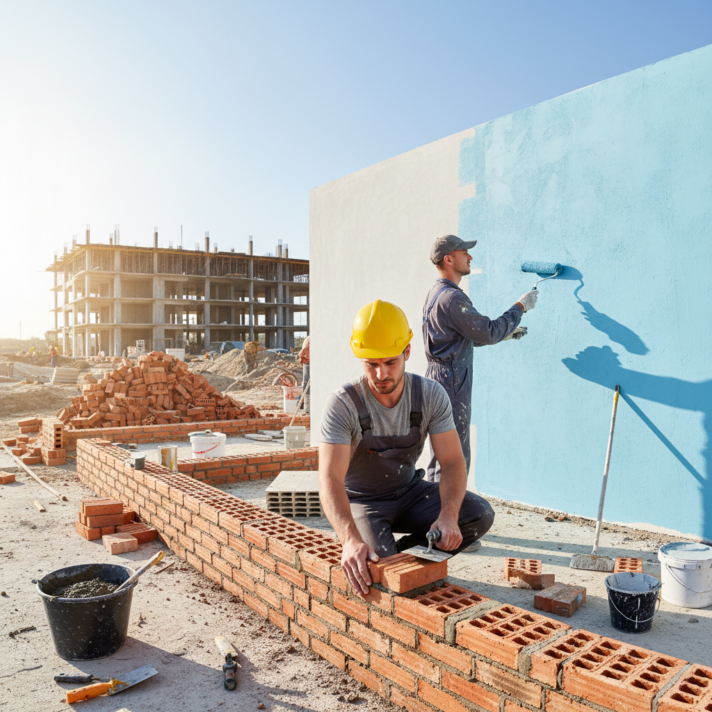 Skilled mason doing brick work and plastering on construction site