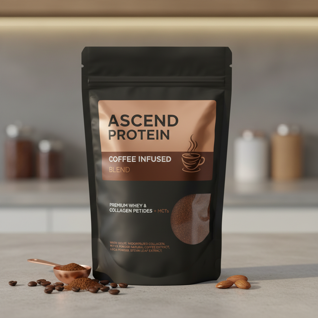 Dark chocolate protein powder with raw cacao beans scattered on wooden surface, earthy warm tones