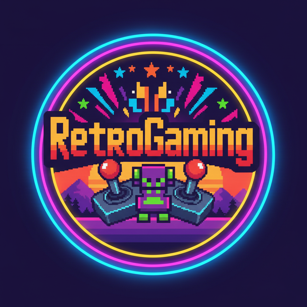 Retro gaming channel thumbnail with neon arcade aesthetic and pixel art elements