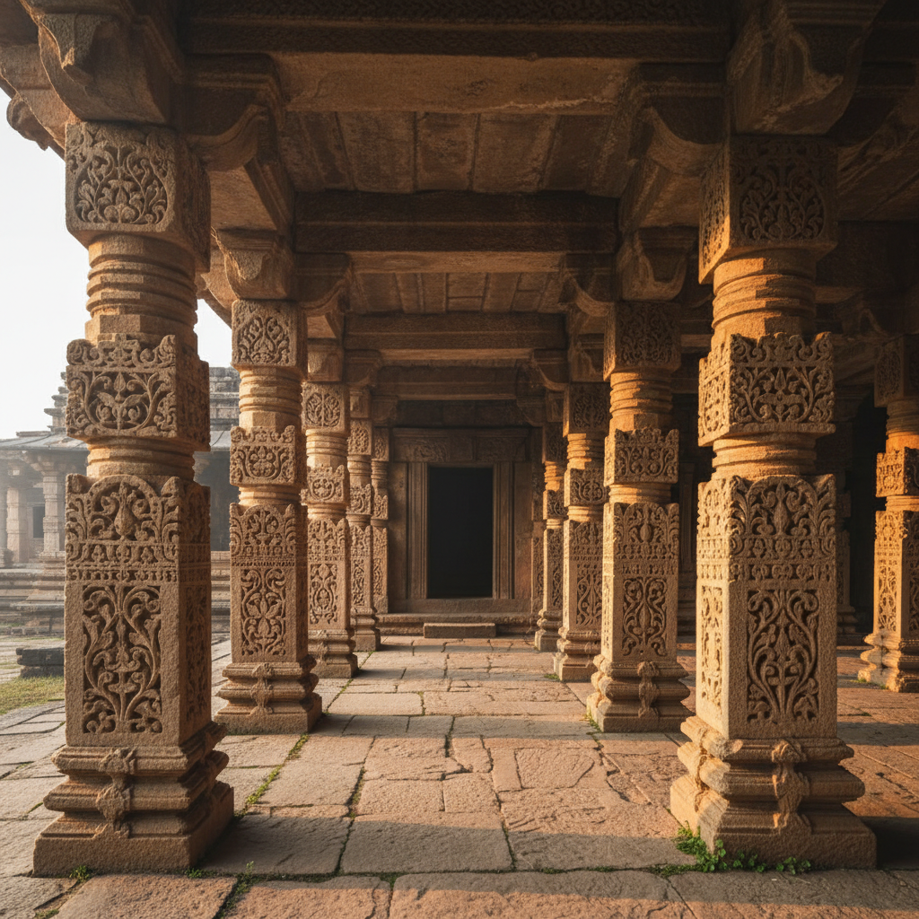 Ancient carved stone pillars of the mandapa with intricate floral motifs in warm morning light