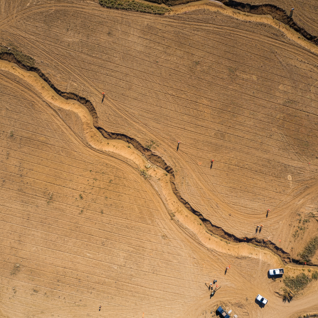 Aerial drone view of bare land being surveyed, showing topographic contours and drainage patterns across open property