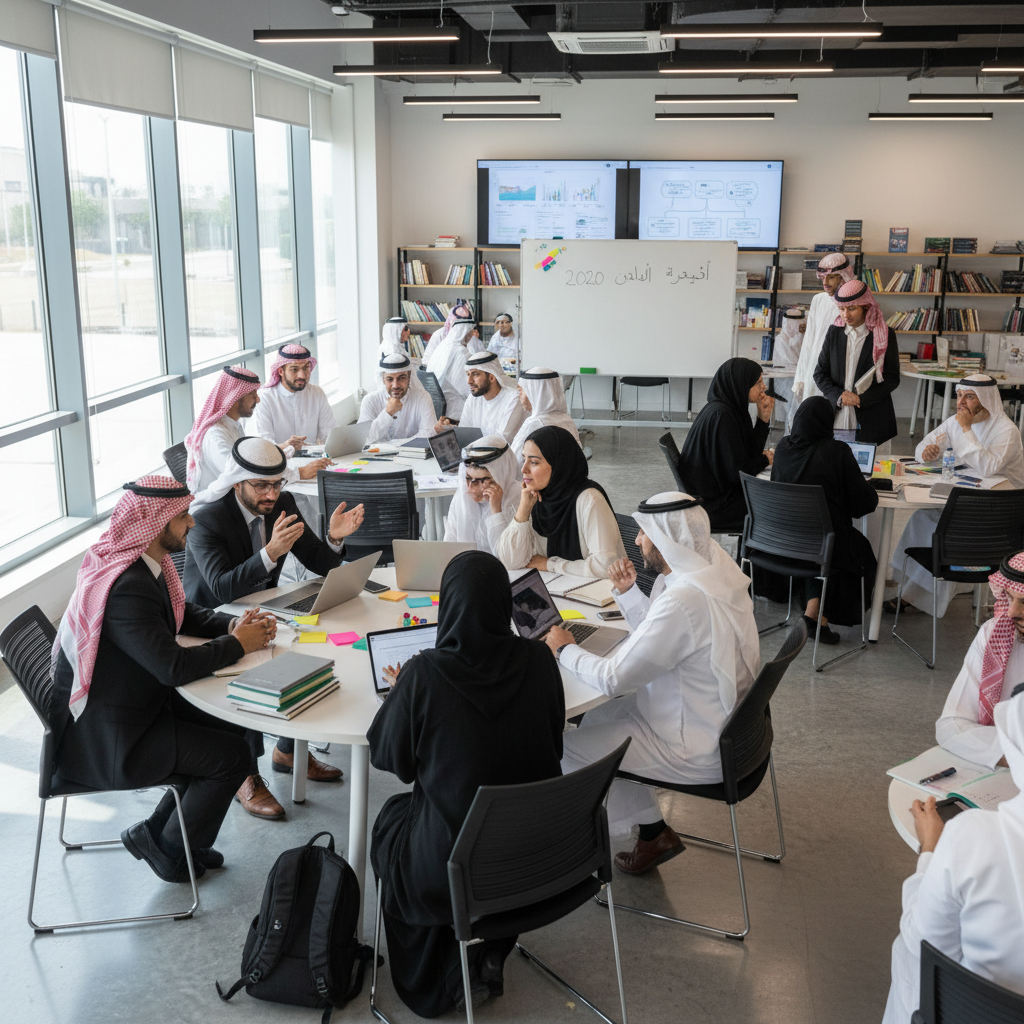 Saudi business professionals in a corporate meeting room, formal attire, bright office environment