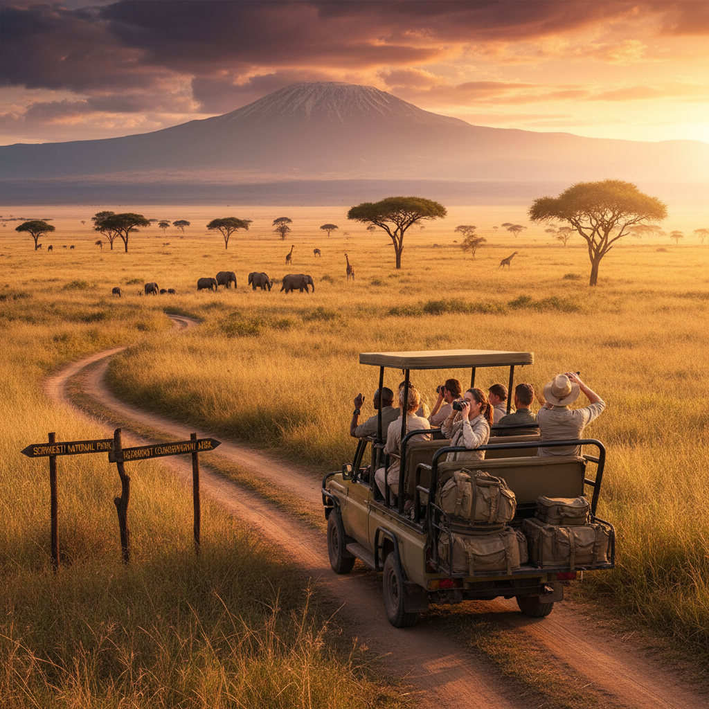Safari jeep at sunset on the Serengeti plains with a herd of elephants silhouetted against a blazing orange and crimson sky