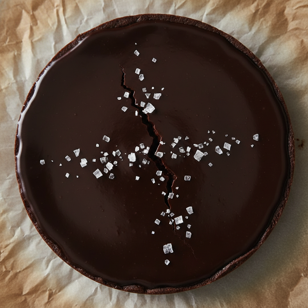 A deeply glossy chocolate tart with a perfect crack of flaky sea salt on the surface, photographed like a still life on parchment paper