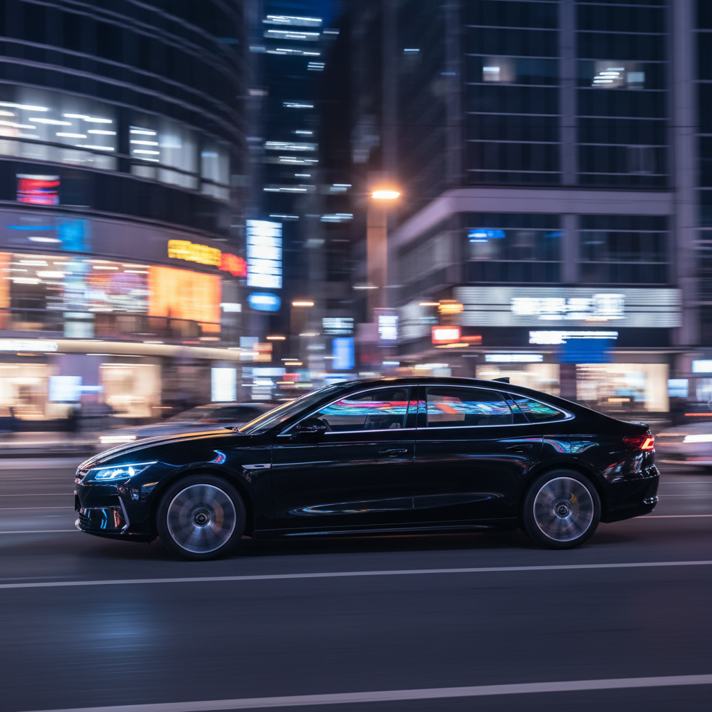 Electric vehicle social media clip, sleek car in motion on empty road at dusk, moody atmospheric lighting