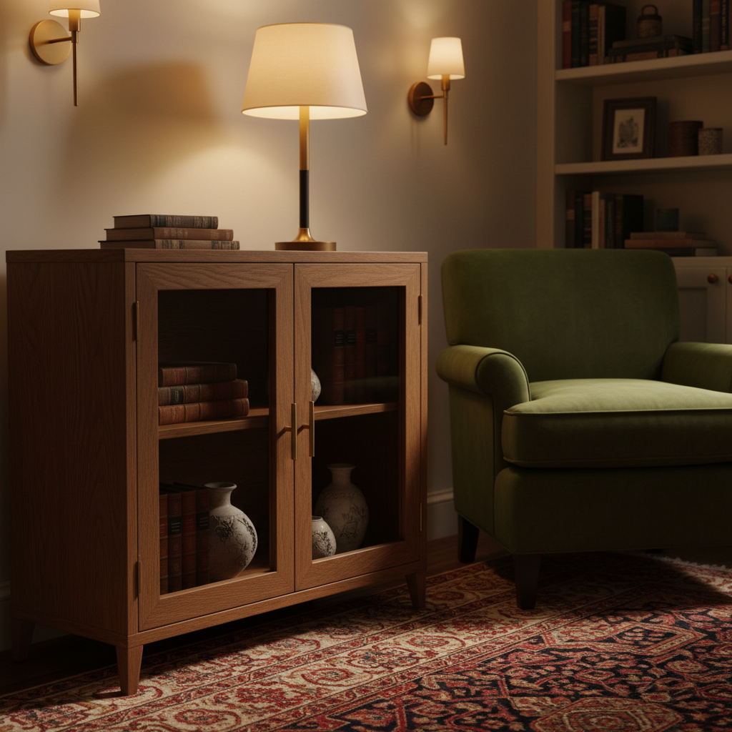 Cozy anime-style study room with warm lamp light