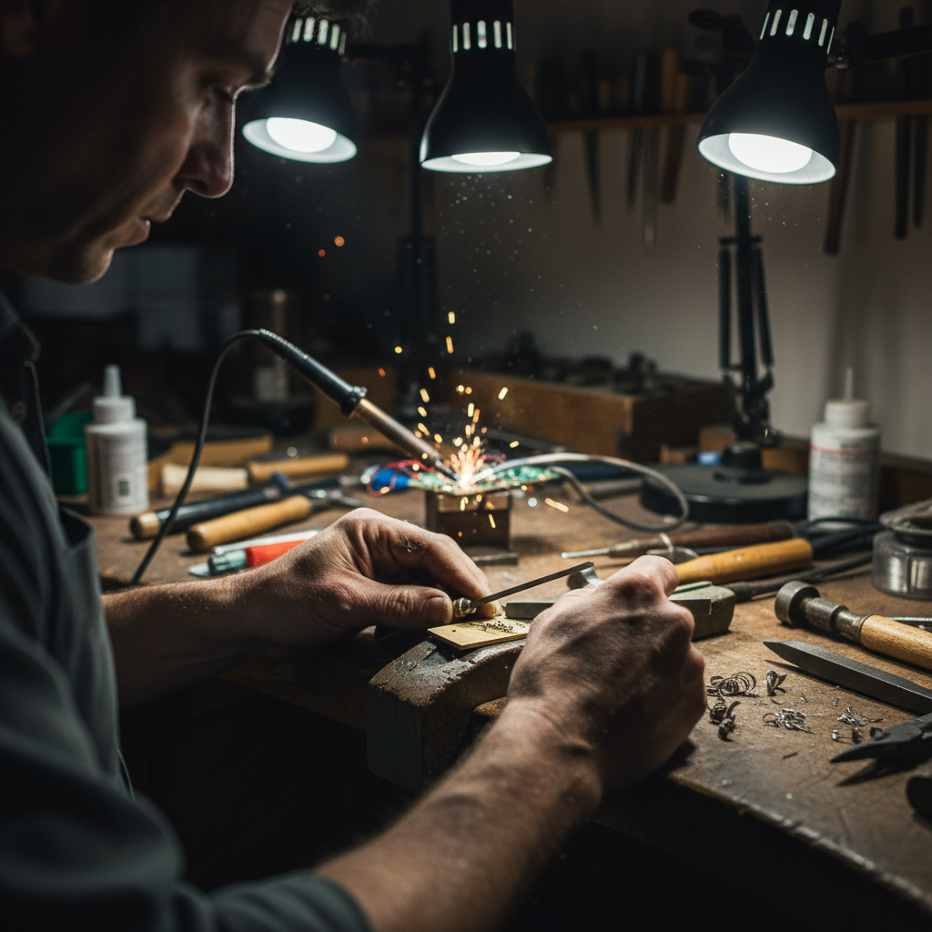 Close-up of circuit board and computer hardware in a dimly lit workshop, dark steel tones, atmospheric professional tech environment